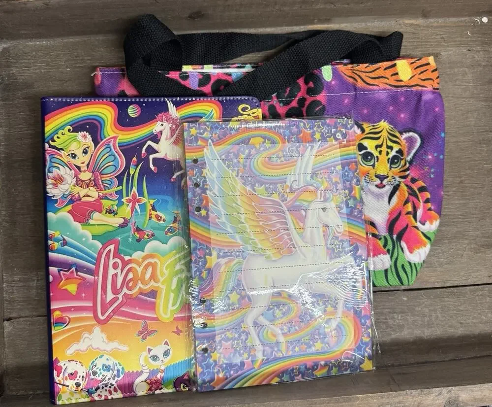 Lisa Frank A5 binder with matching printed paper and canvas tote bag Bundle